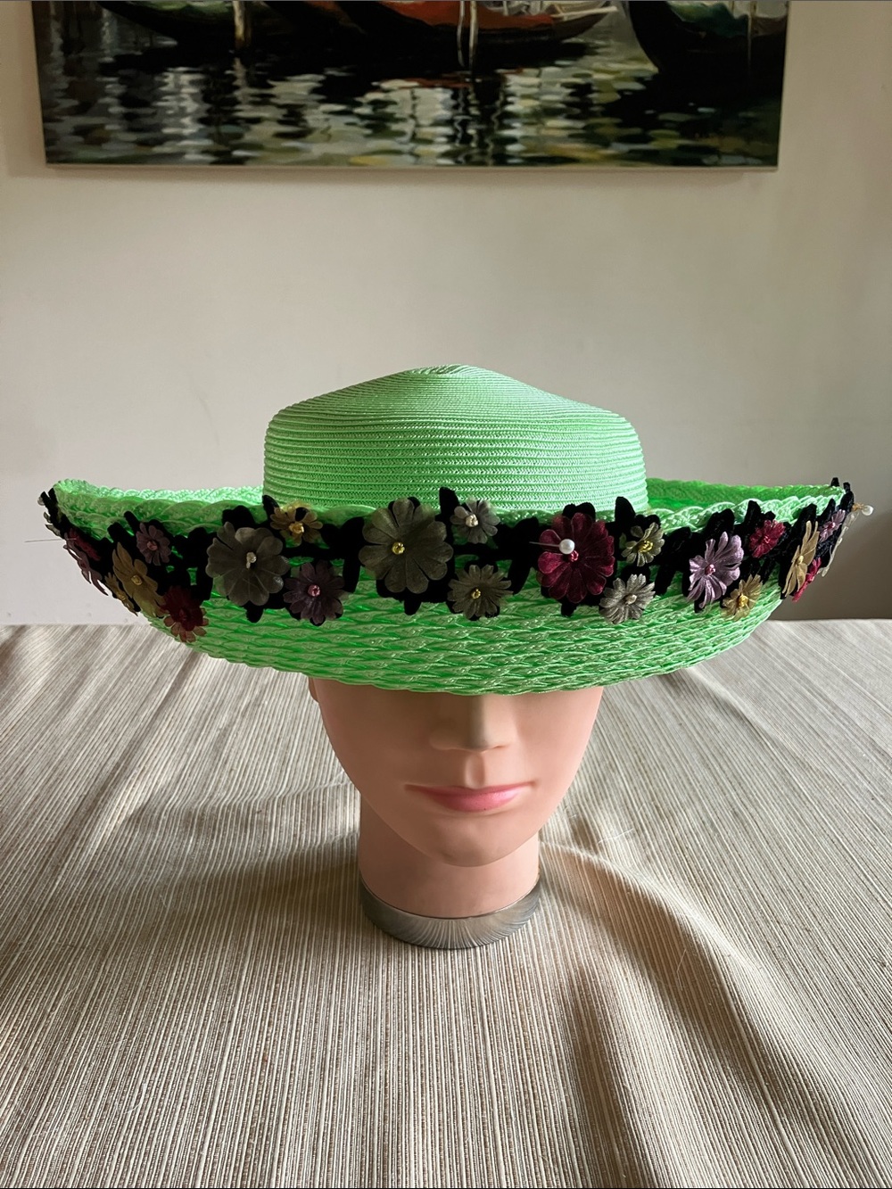 Green Floral Trim Women's Straw Sun Hat